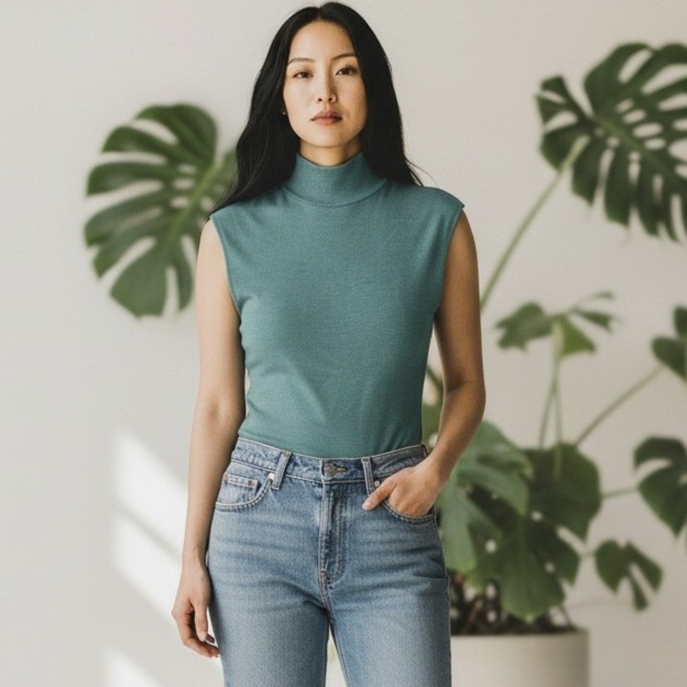 Abercrombie Fitch Bodysuit Teal Green Medium Mock Neck Sleeveless Knit